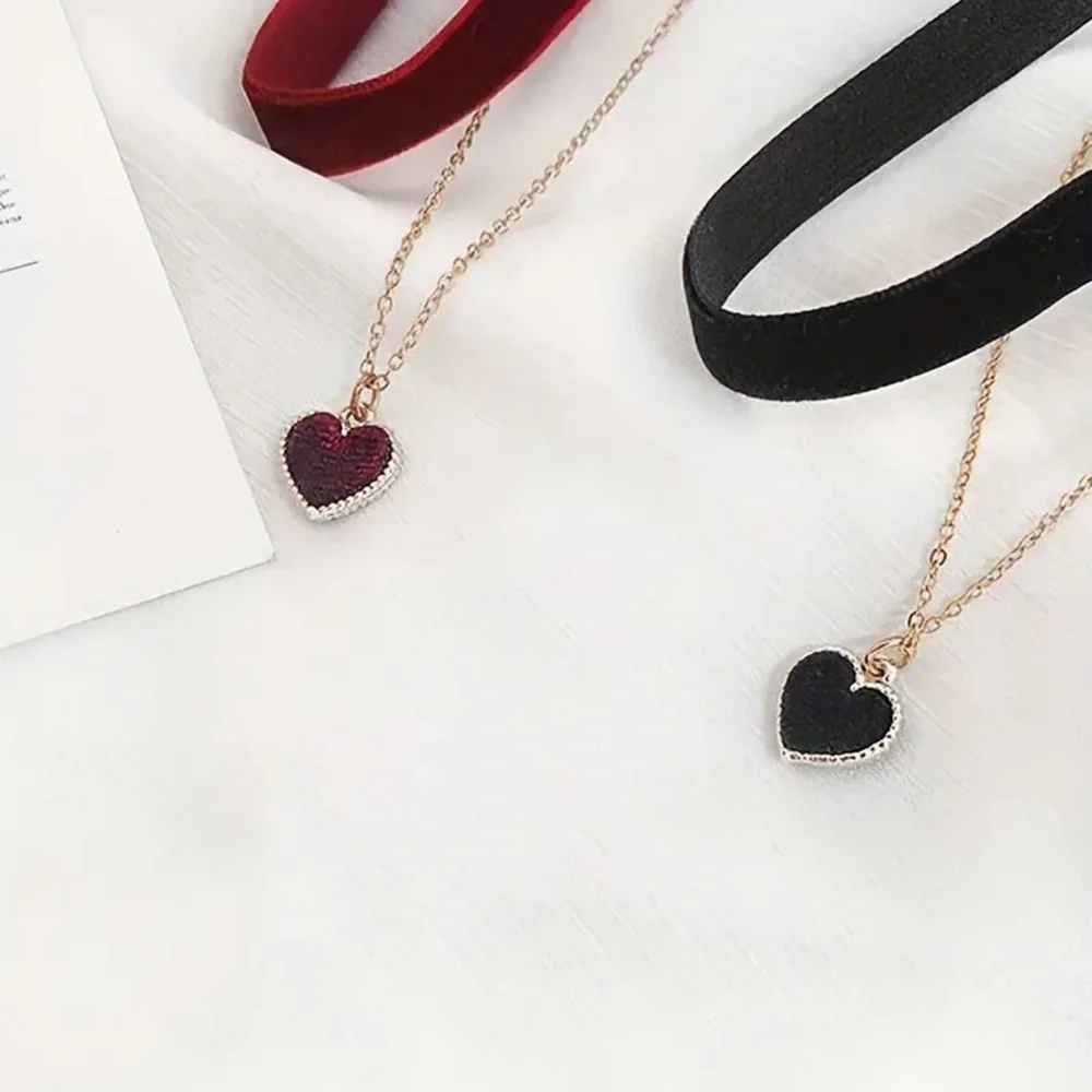 Elegant Heart Pendant Choker Necklace Set. 2 pcs red & black Necklace ❤️